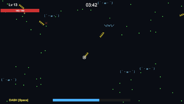 開発中のゲーム画面。暗い背景に顔文字の敵が散らばり、中央のプレイヤー@から黄色いAAAAの弾が飛んでいる。左上にレベルと体力ゲージ、上部に経過時間03:42が表示されている